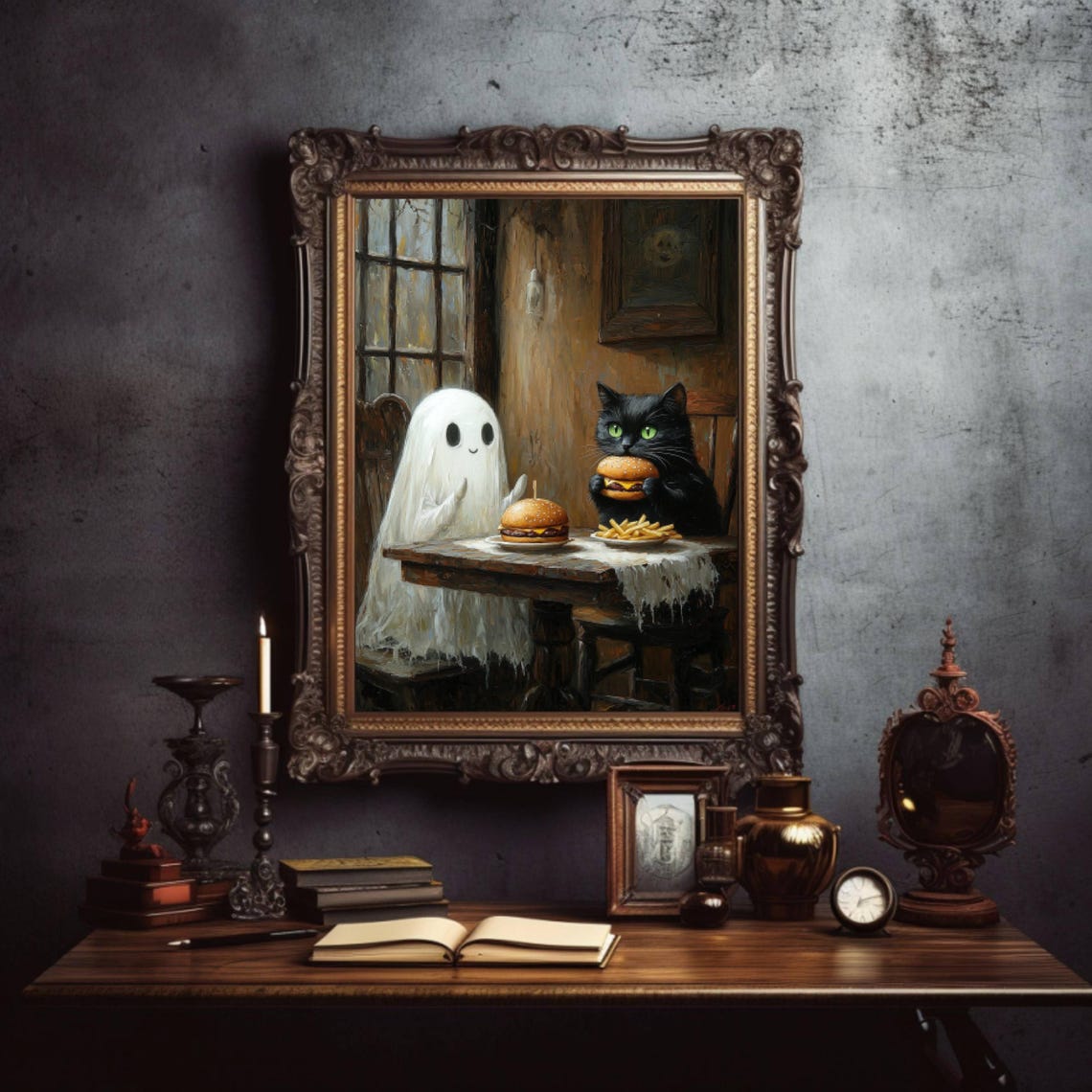 Ghost And Black Cat Sharing Burgers And Fries Funny Art Poster - Image 5