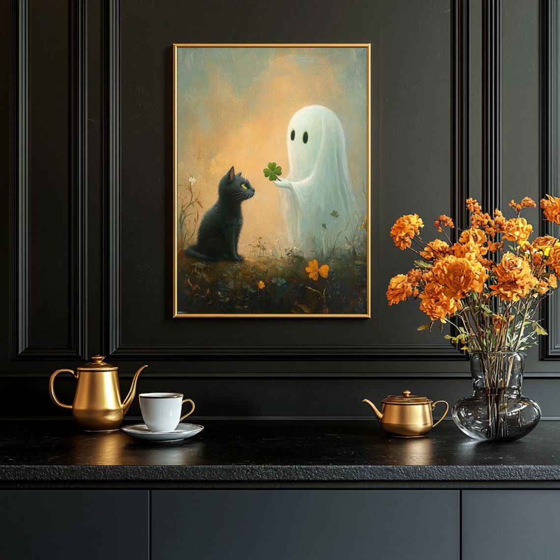 Black Cat And Ghost With Four Leaf Clover Art Print - Image 2