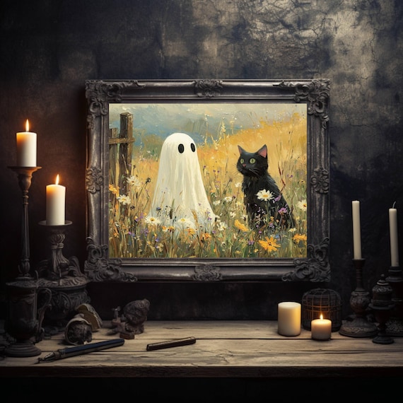 Ghost and Black Cat in Wildflowers Halloween Art Print