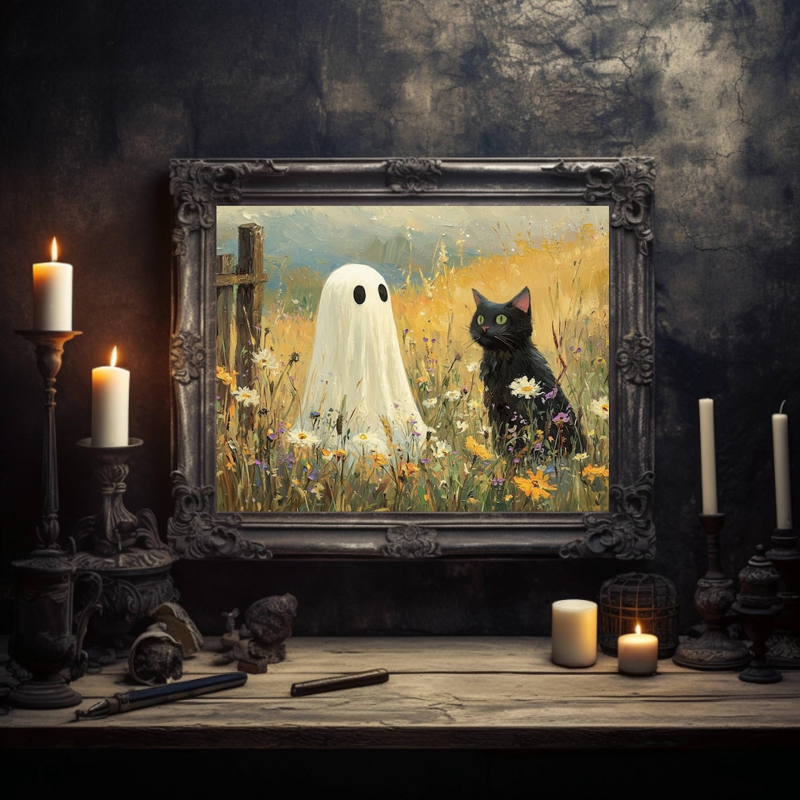Ghost and Black Cat in Wildflowers Halloween Art Print