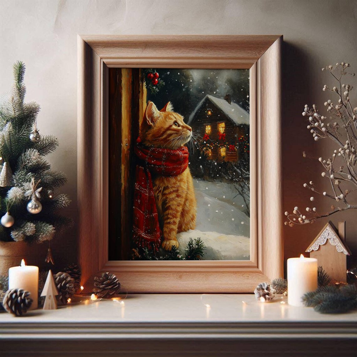 Ginger Cat Christmas Art Print, Festive Holiday - Image 5