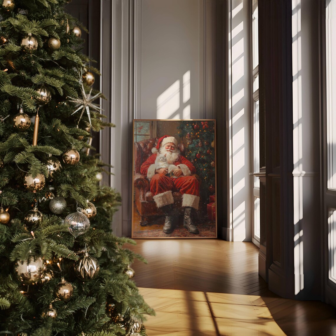 Santa and White Cat Christmas Holiday Art Print - Image 5