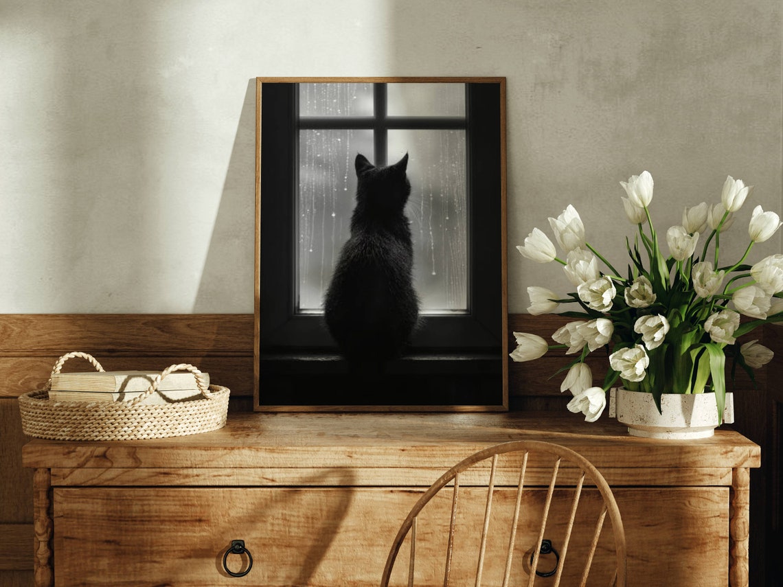 Black Cat Silhouette Watching Rain on a Window Monochrome Poster - Image 2
