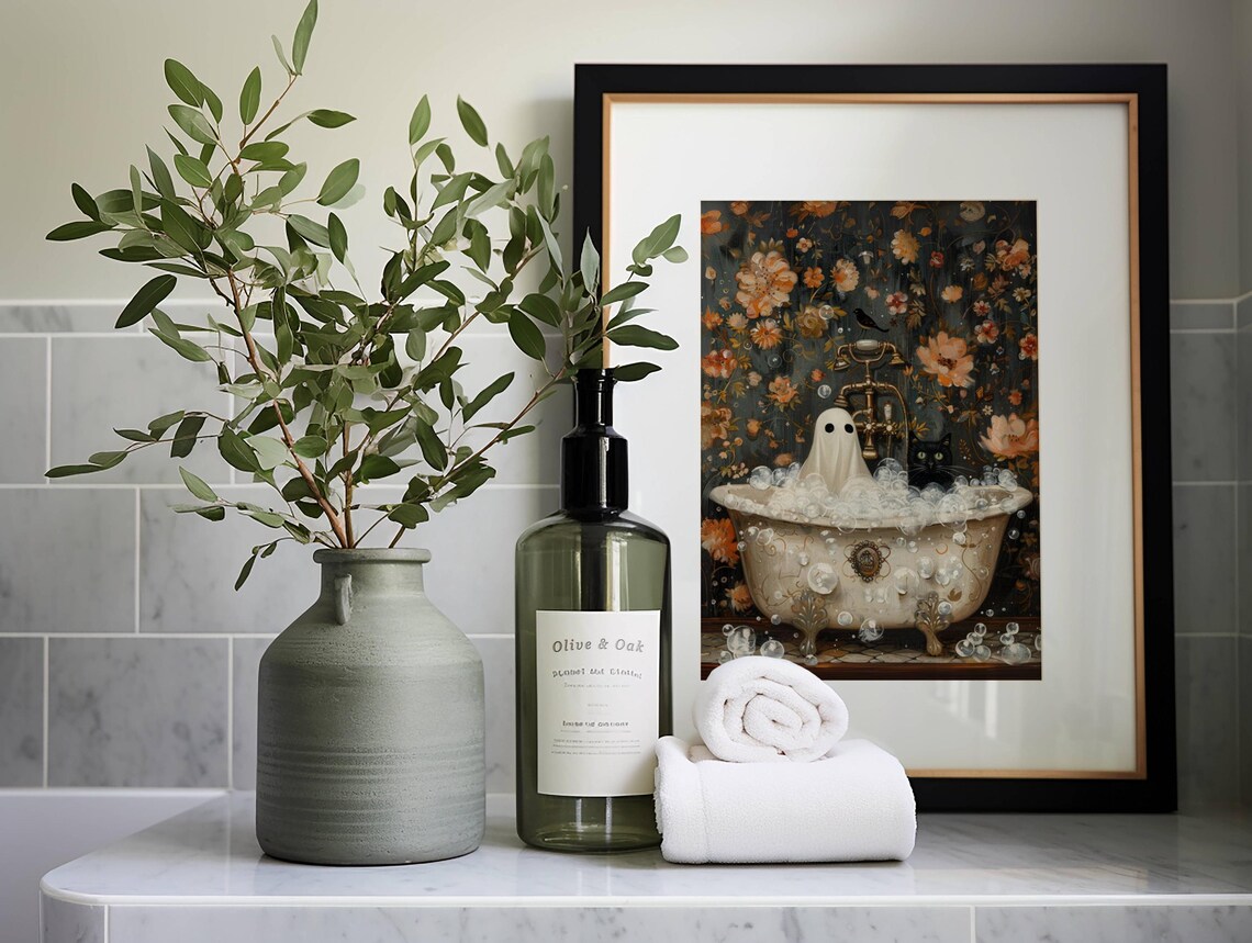 Ghost and Cat in Bathtub, Whimsigoth Halloween Poster - Image 3