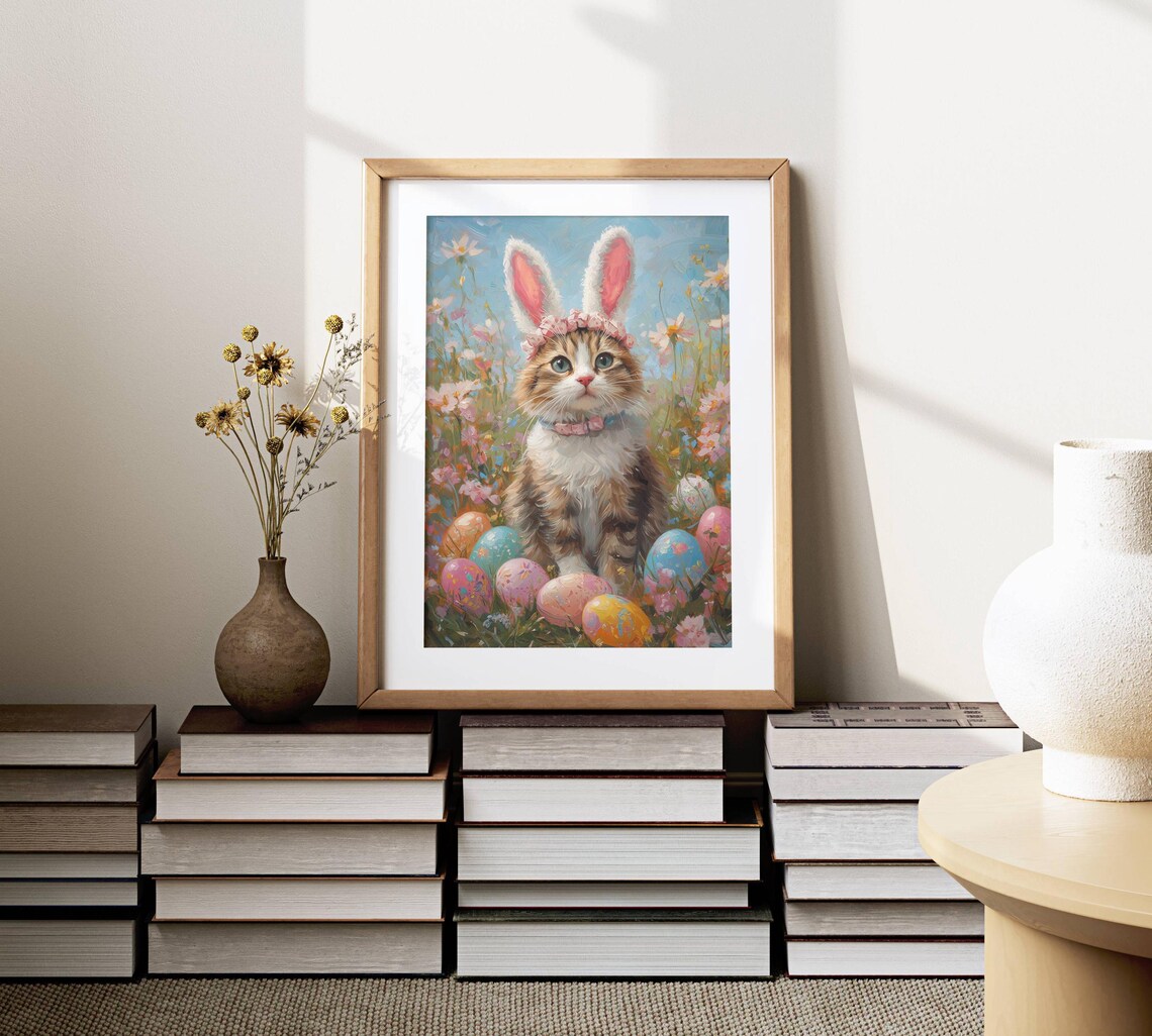 Cat With Bunny Ears Easter Floral Cat Art Print - Image 7