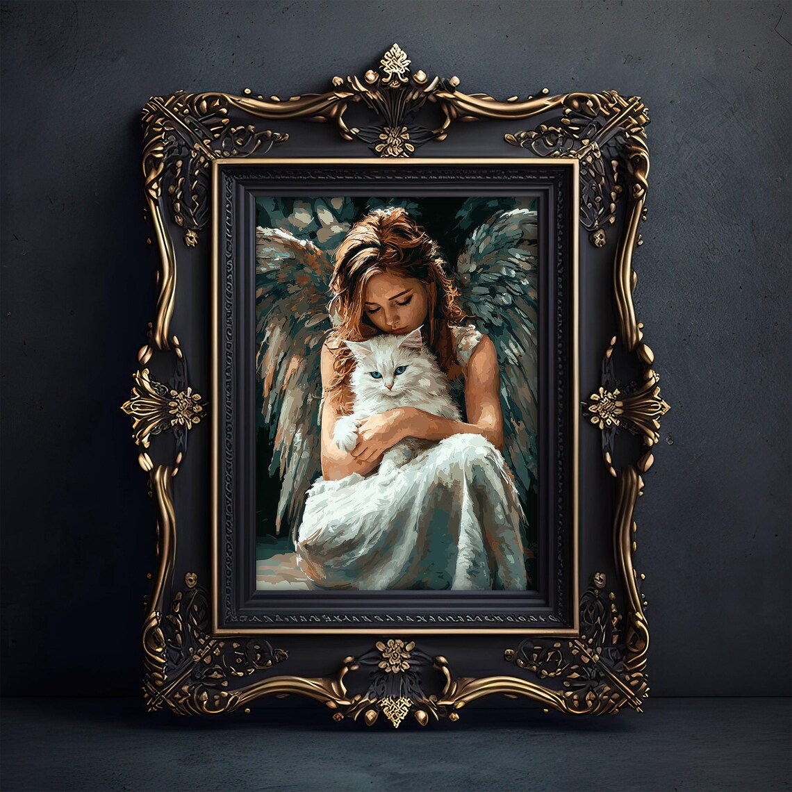 Gentle Angel Tenderly Embracing a Fluffy White Cat in a Painterly Spiritual Print - Image 6