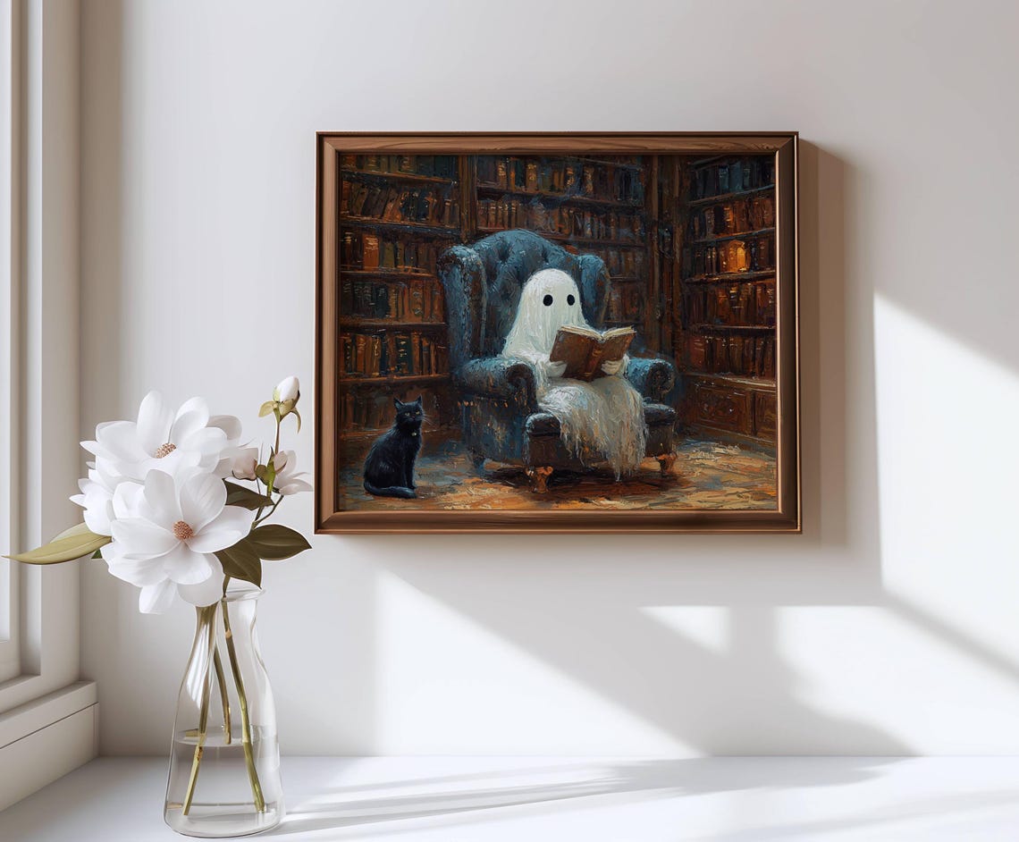 Sweet Ghost Reading a Book in a Cozy Candlelit Library Armchair Poster - Image 5