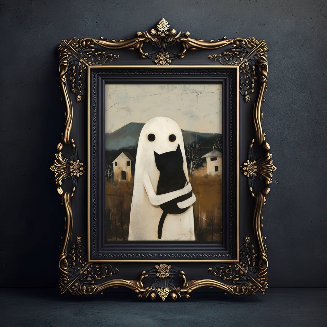 A Friendly Ghost Hugging A Black Cat In A Country Folk Art Poster - Image 6