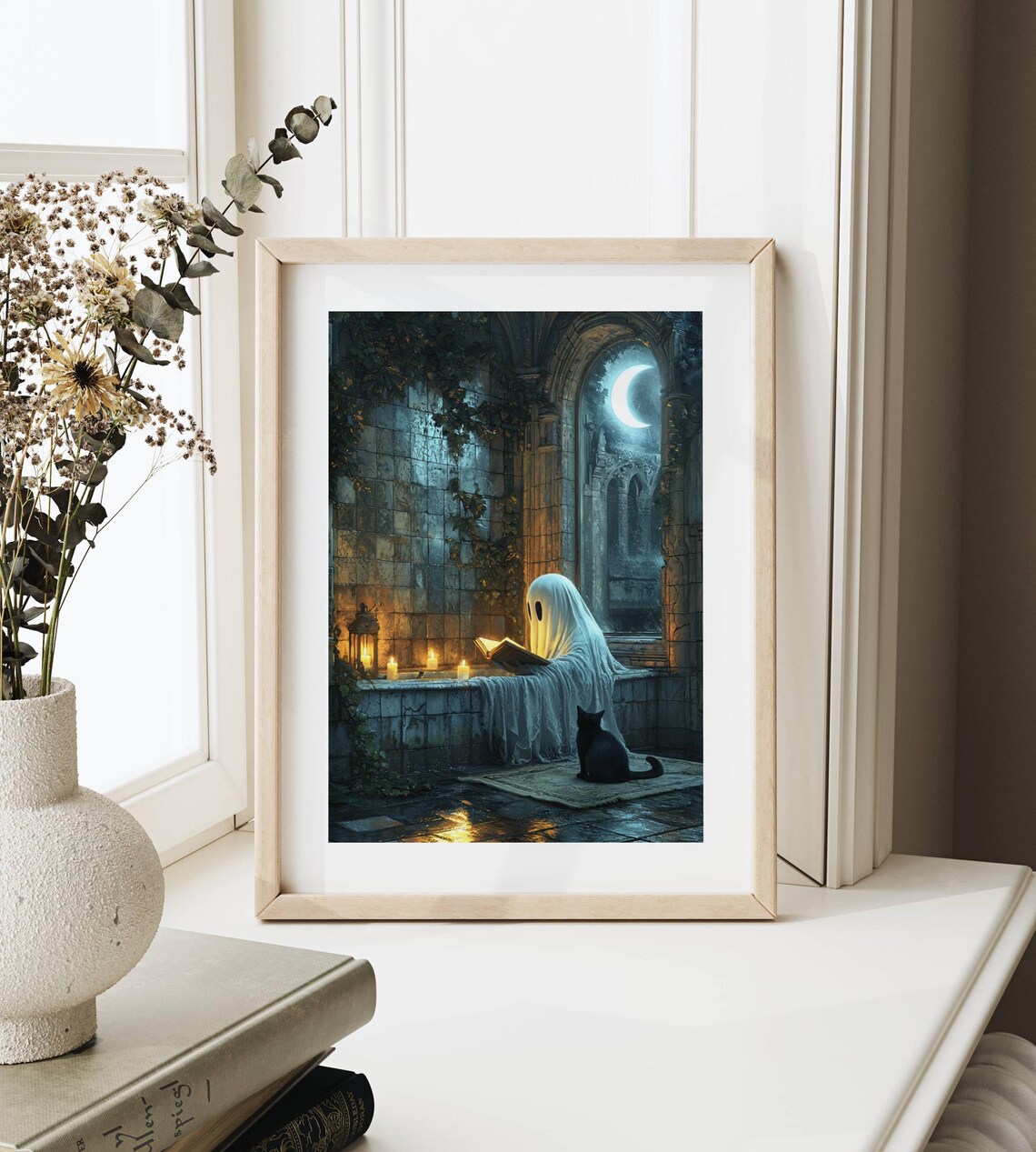 Draped Ghost Reading by Candlelight With a Black Cat in a Gothic Chapel Poster - Image 3