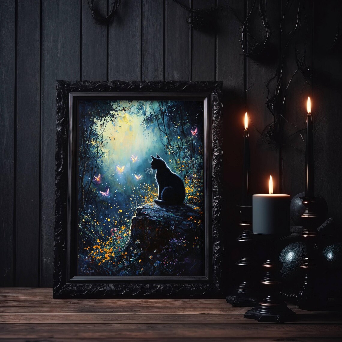 Mysterious Black Cat on a Mossy Rock in a Moonlit Enchanted Blue Forest Poster - Image 7