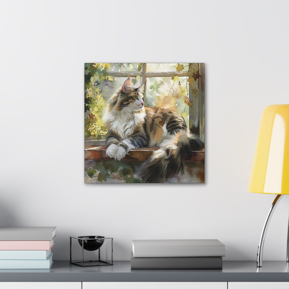 Fluffy Calico Cat Lounging on a Sunny Window Sill Scene Poster - Image 3