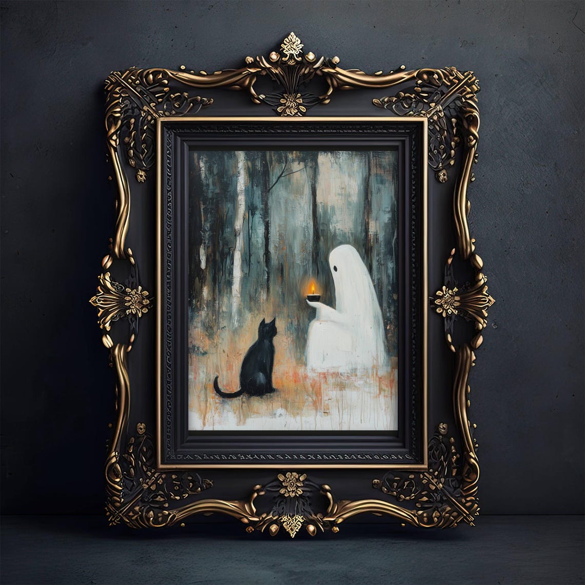Ghost With A Lit Candle And Black Cat In A Misty Forest Poster - Image 3