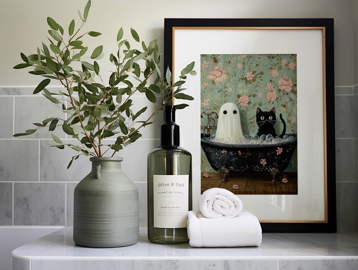 Ghost And Cat In Bath, Funny Cat Wall Art Print - Image 6