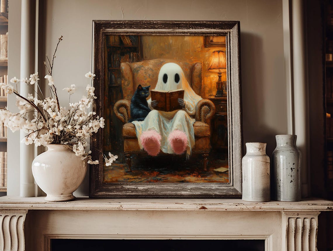 Ghost in Pink Slippers Reading With a Black Cat in an Armchair Poster - Image 7