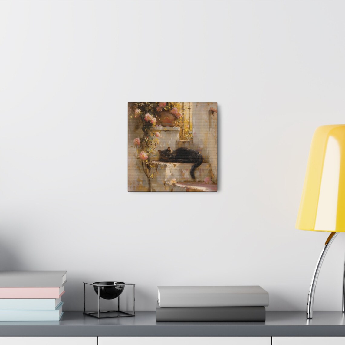 Black Cat Sleeping on Stone Steps With Pink Flowers Impressionist Poster - Image 7