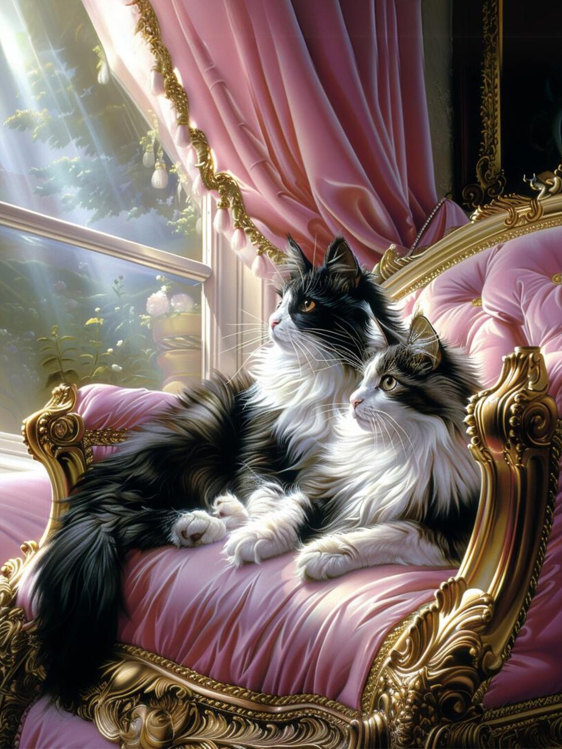 Two Tuxedo Cats Lounging On A Baroque Pink Velvet Sofa Oil Poster - Image 3