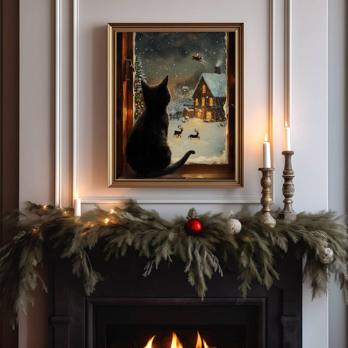 Black Cat Christmas Art Print, Holiday Wall Decor - Image 3
