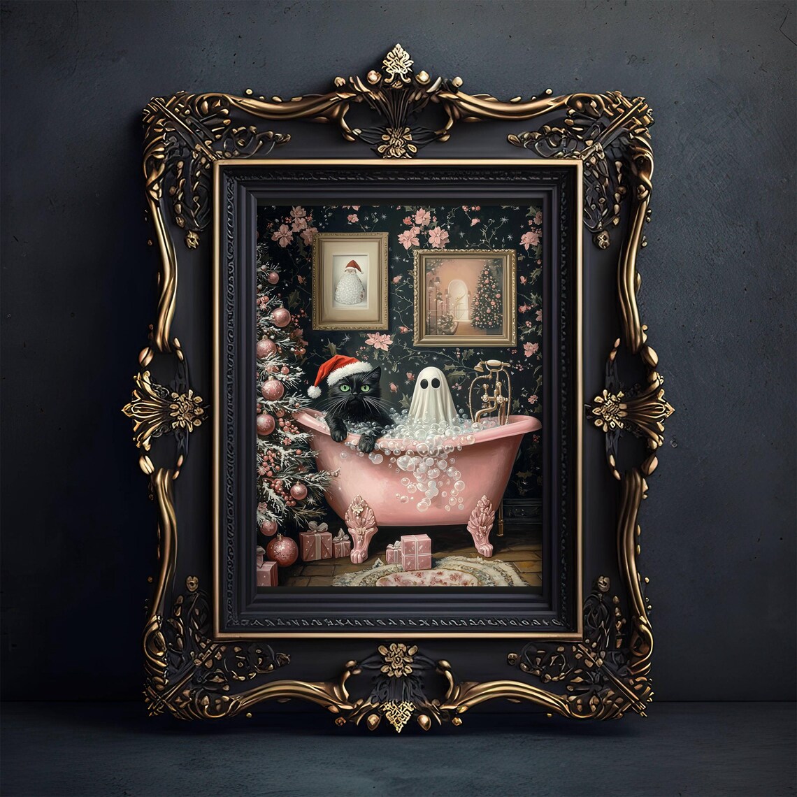 Ghost And Cat Pink Christmas Poster, Spooky Cute - Image 2