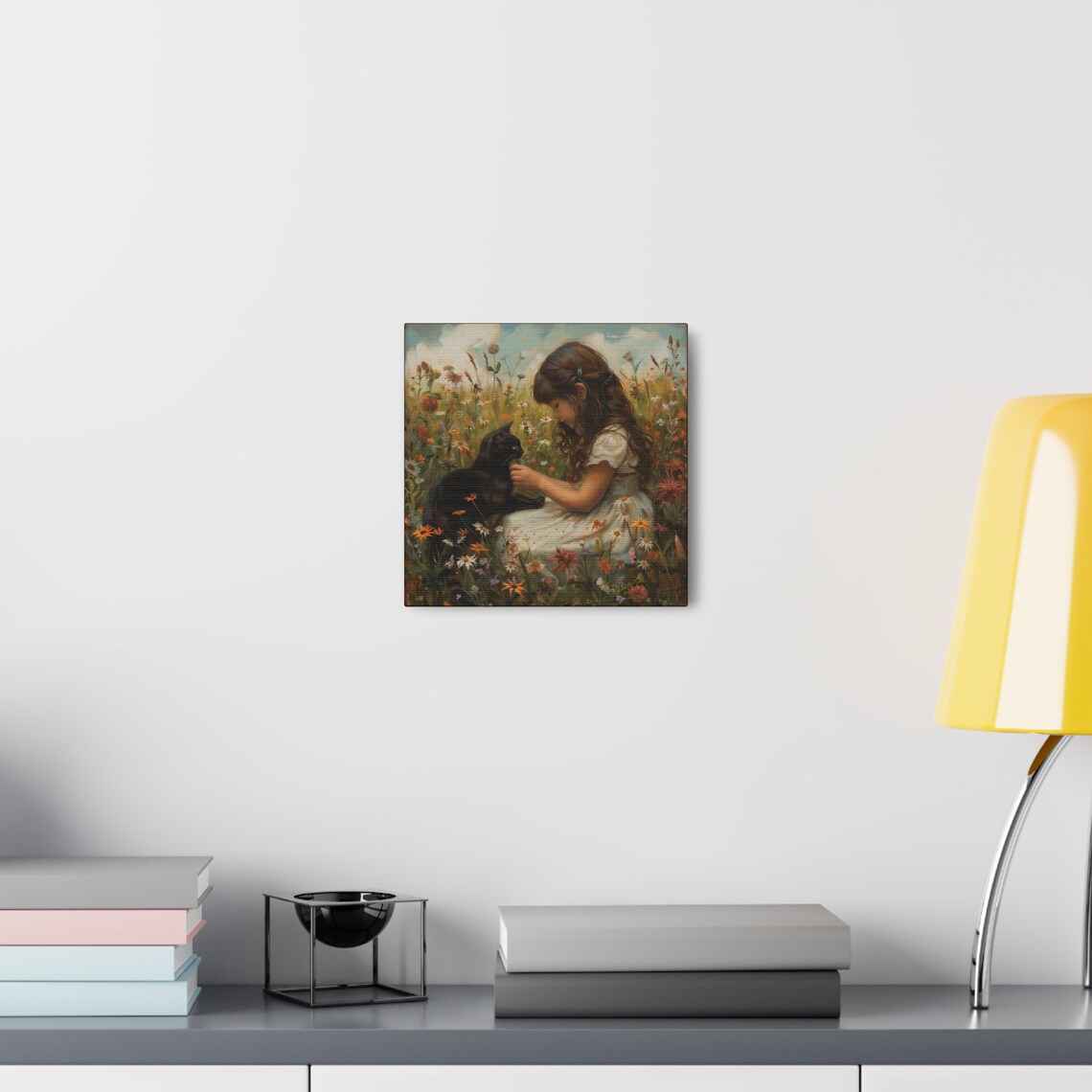 Little Girl and Black Cat in Wildflower Meadow Oil Painting Poster - Image 7