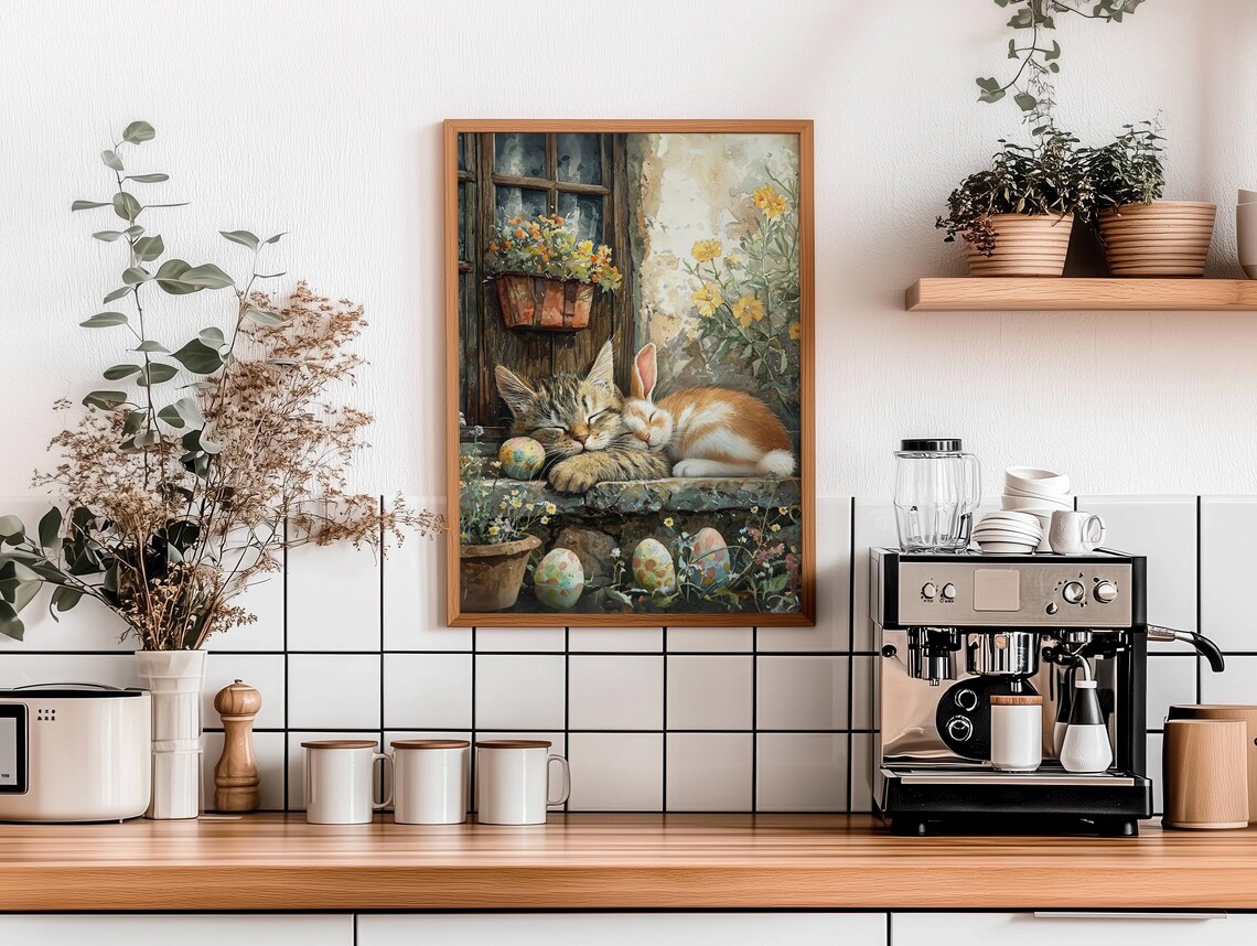 Easter Sleeping Tabby Cat and Bunny Art Print - Image 5