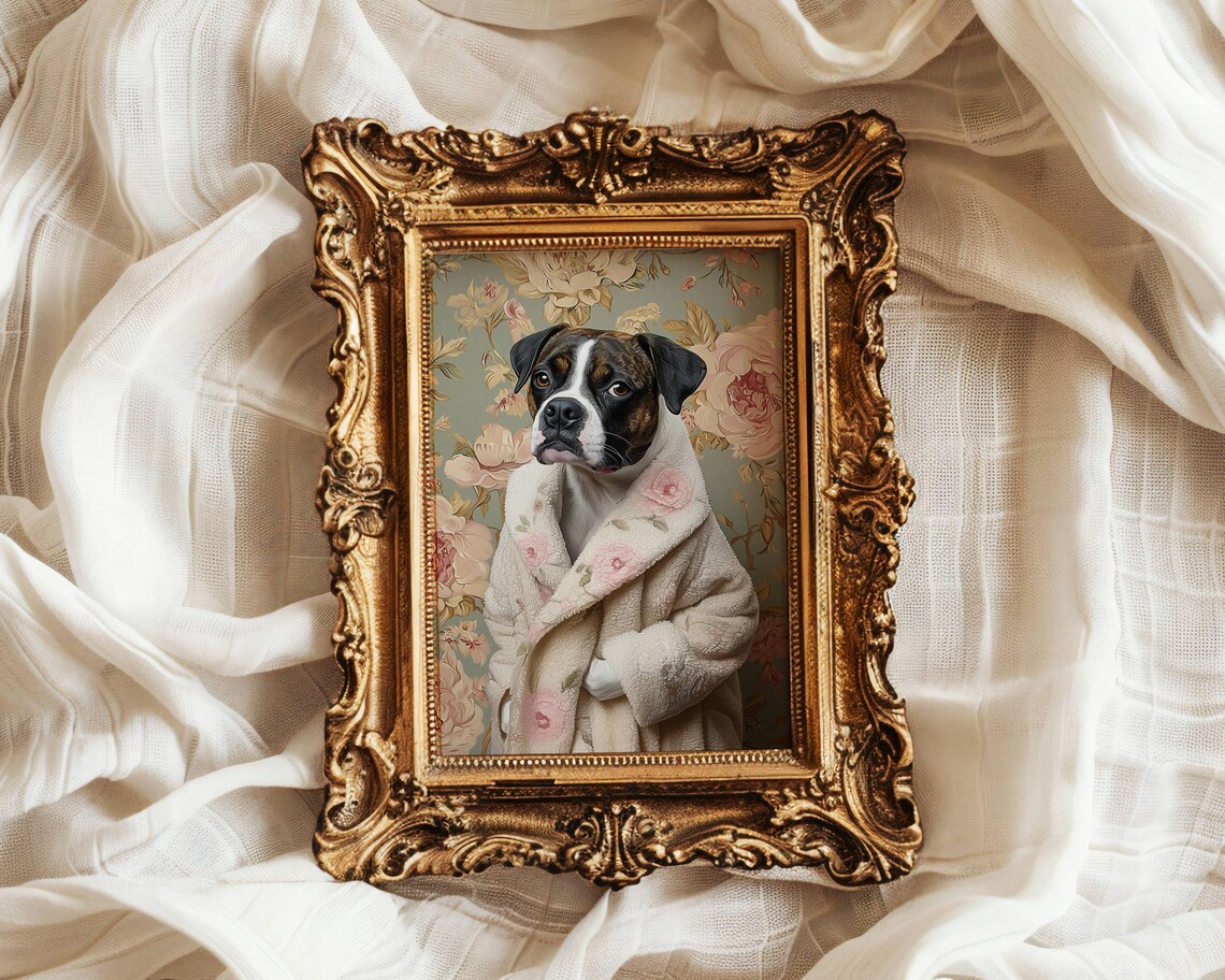 Boxer Dog Wearing a Cozy Floral Bathrobe Funny Dog Portrait Poster - Image 5