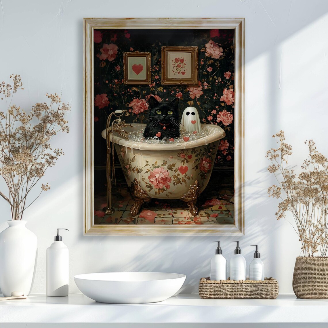 Black Cat and Cute Ghost Sharing a Heart-Filled Bubble Bath Valentine Poster - Image 5