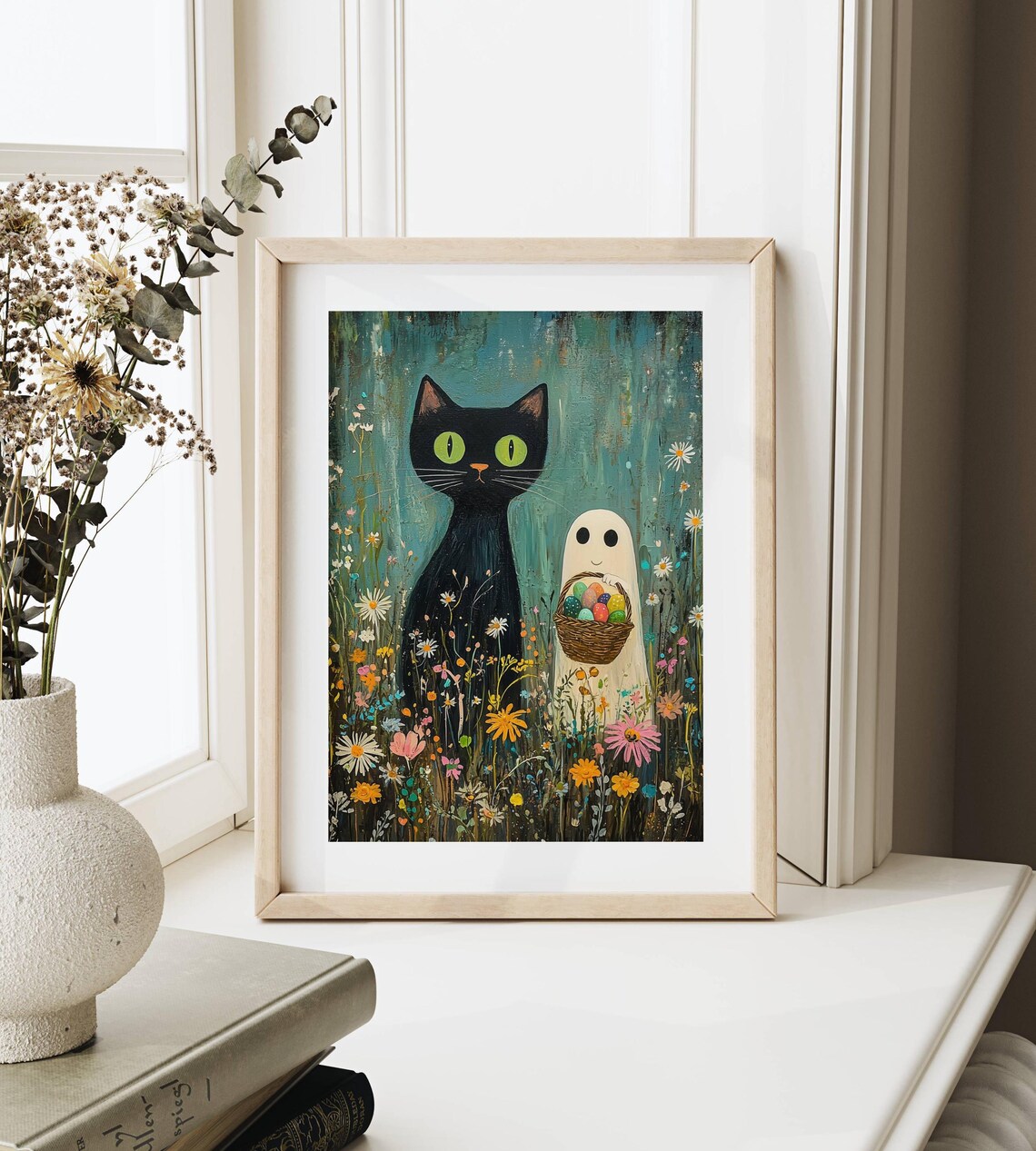 Black Cat and Tiny Ghost Hunting Easter Eggs Among Spring Wildflowers Poster - Image 3