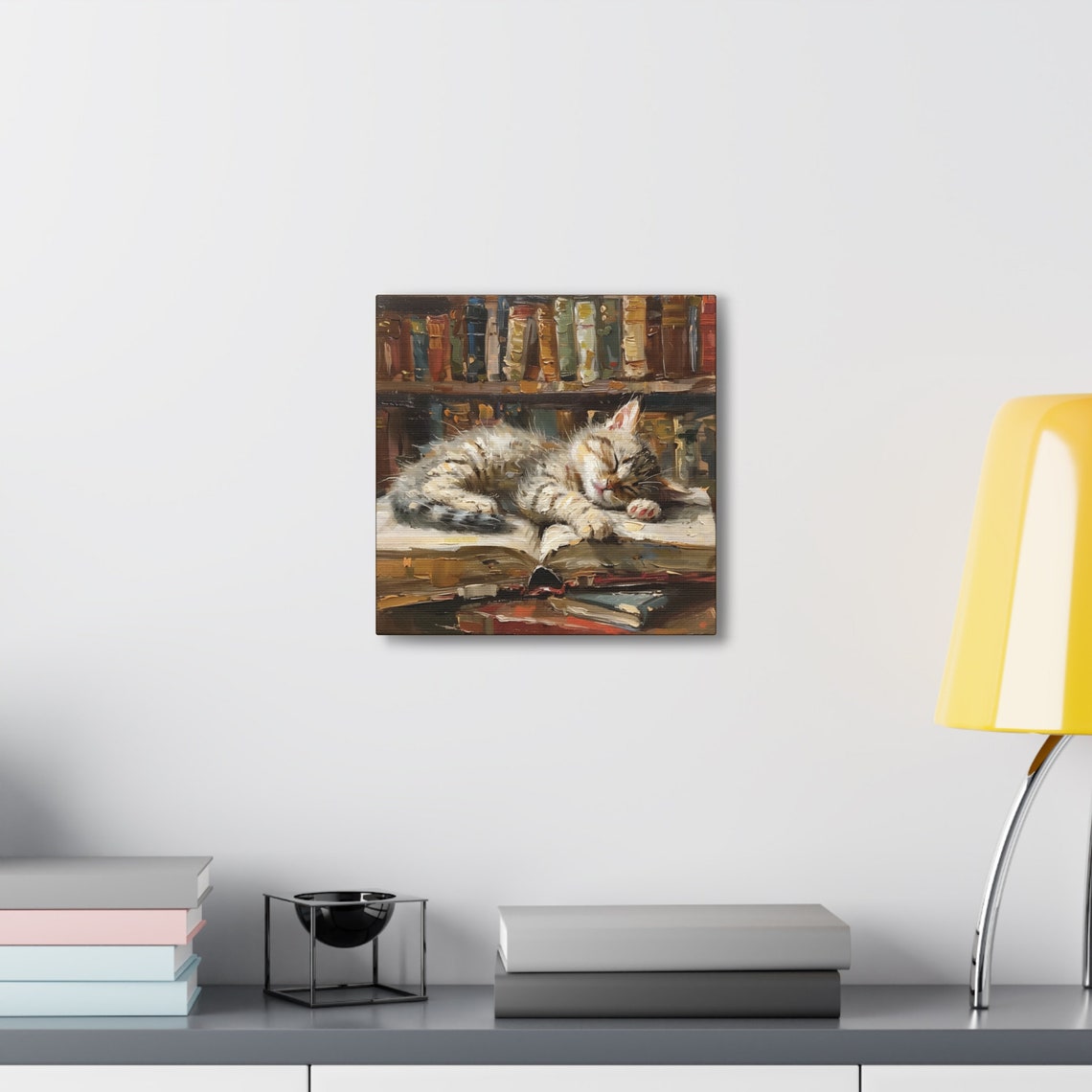 Tabby Kitten Sleeping on Open Book in Library Oil Painting Poster - Image 3