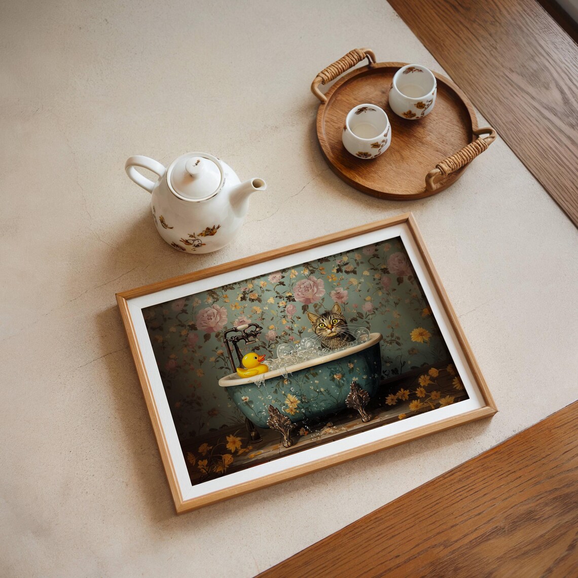 Gray Tabby Cat With Rubber Duck, Bathroom Art Print - Image 5