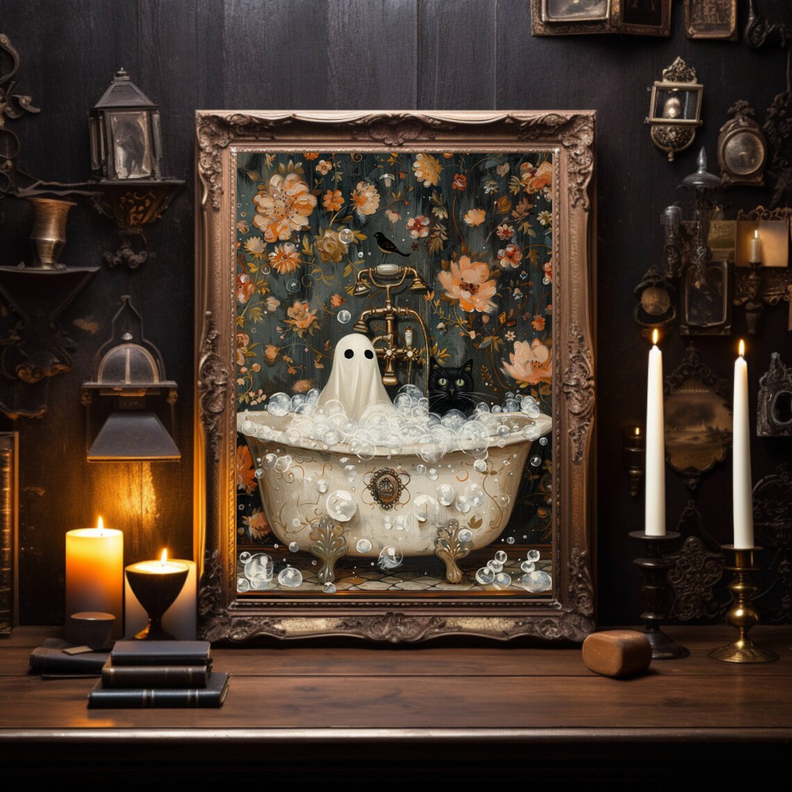 Ghost And Cat In Bathtub Halloween Poster Print - Image 4
