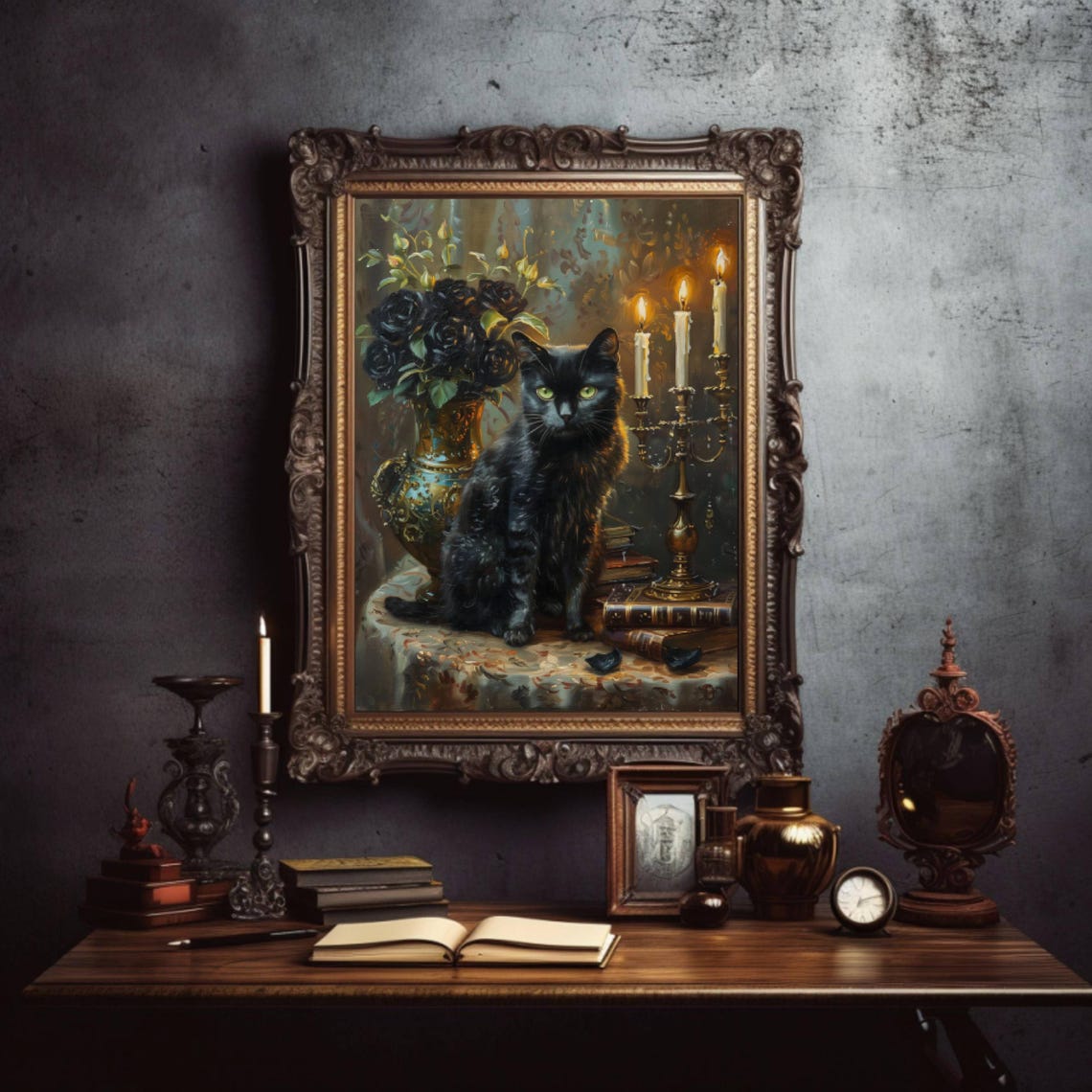 Black Cat With Black Roses Candles And Old Books Gothic Poster - Image 2