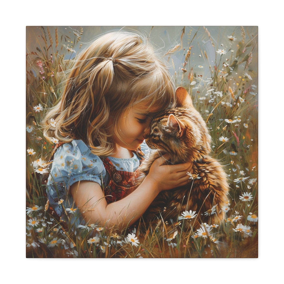 Young Girl Hugging Tabby Kitten in Daisy Meadow Painting Poster - Image 2
