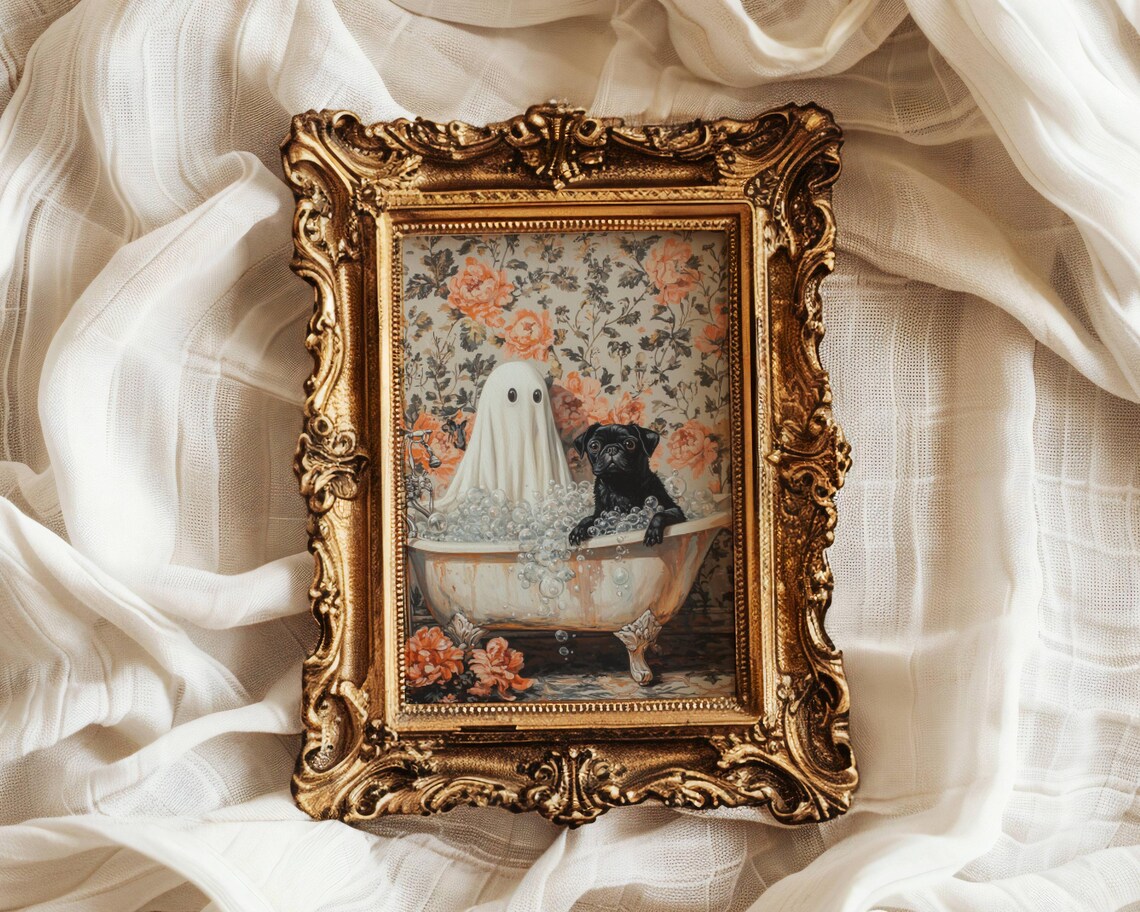 Ghost And Black Pug In Bathtub Wall Art Print - Image 6