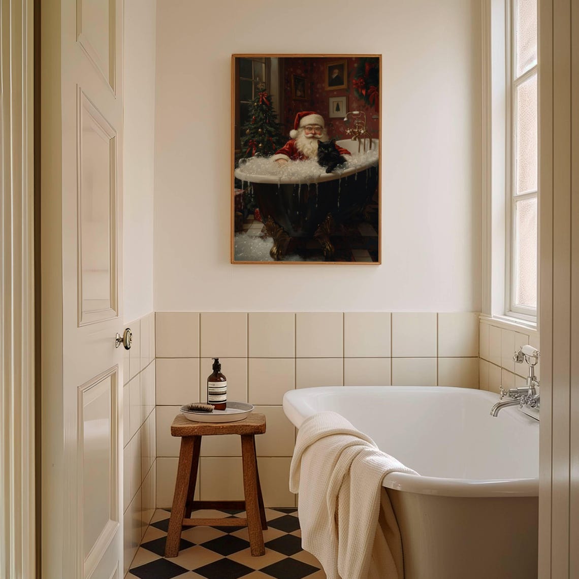 Santa Claus in a Bubble Bath With a Black Cat Christmas Poster - Image 3