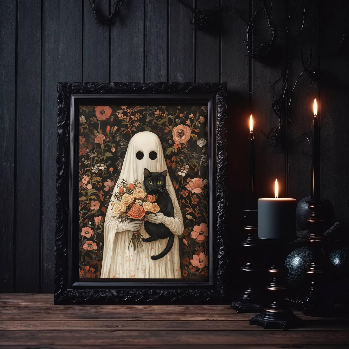 Ghost And Black Cat With Rose Bouquet, Whimsigoth Poster - Image 4