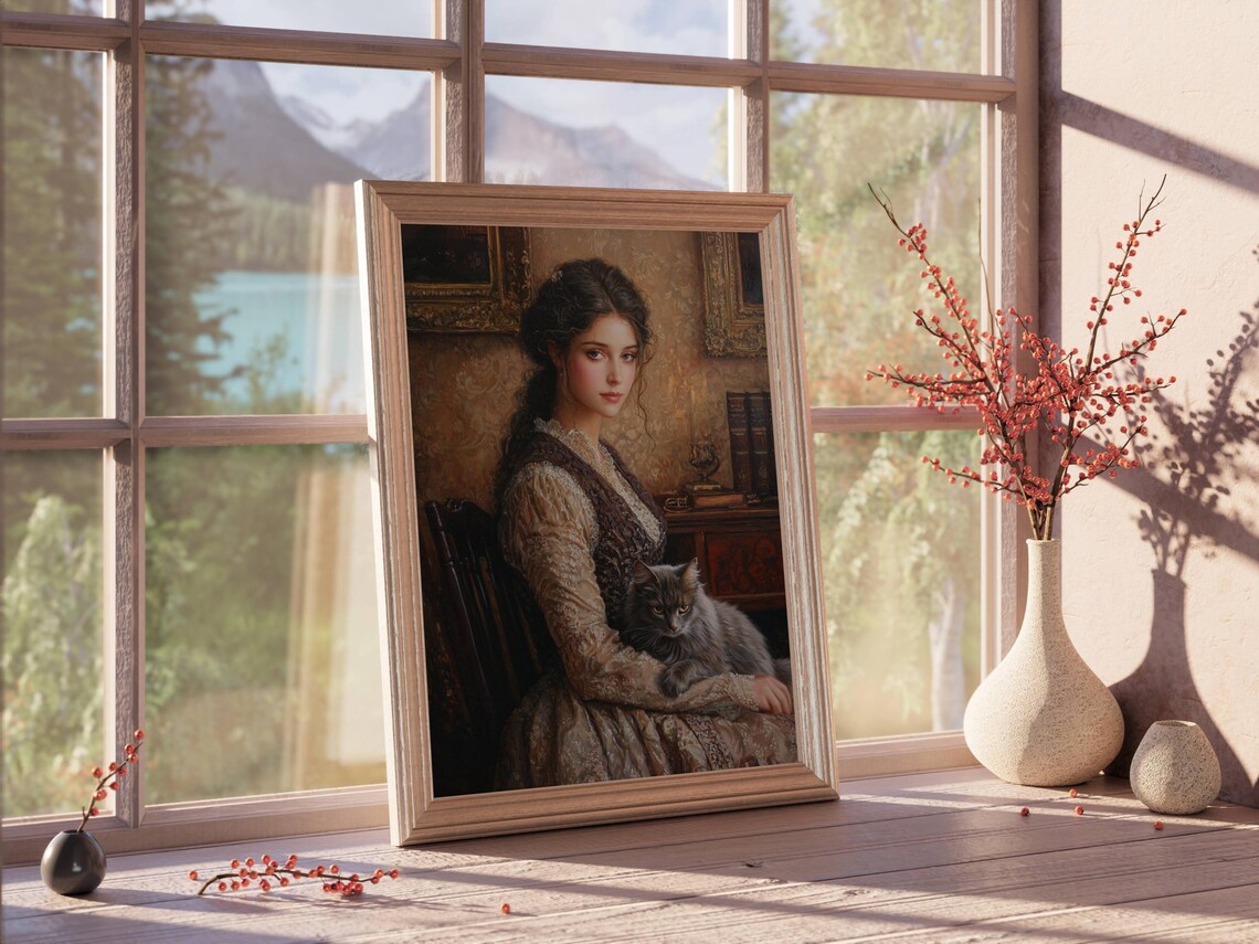 Victorian Lady With Her Cat, Moody Poster Print - Image 3