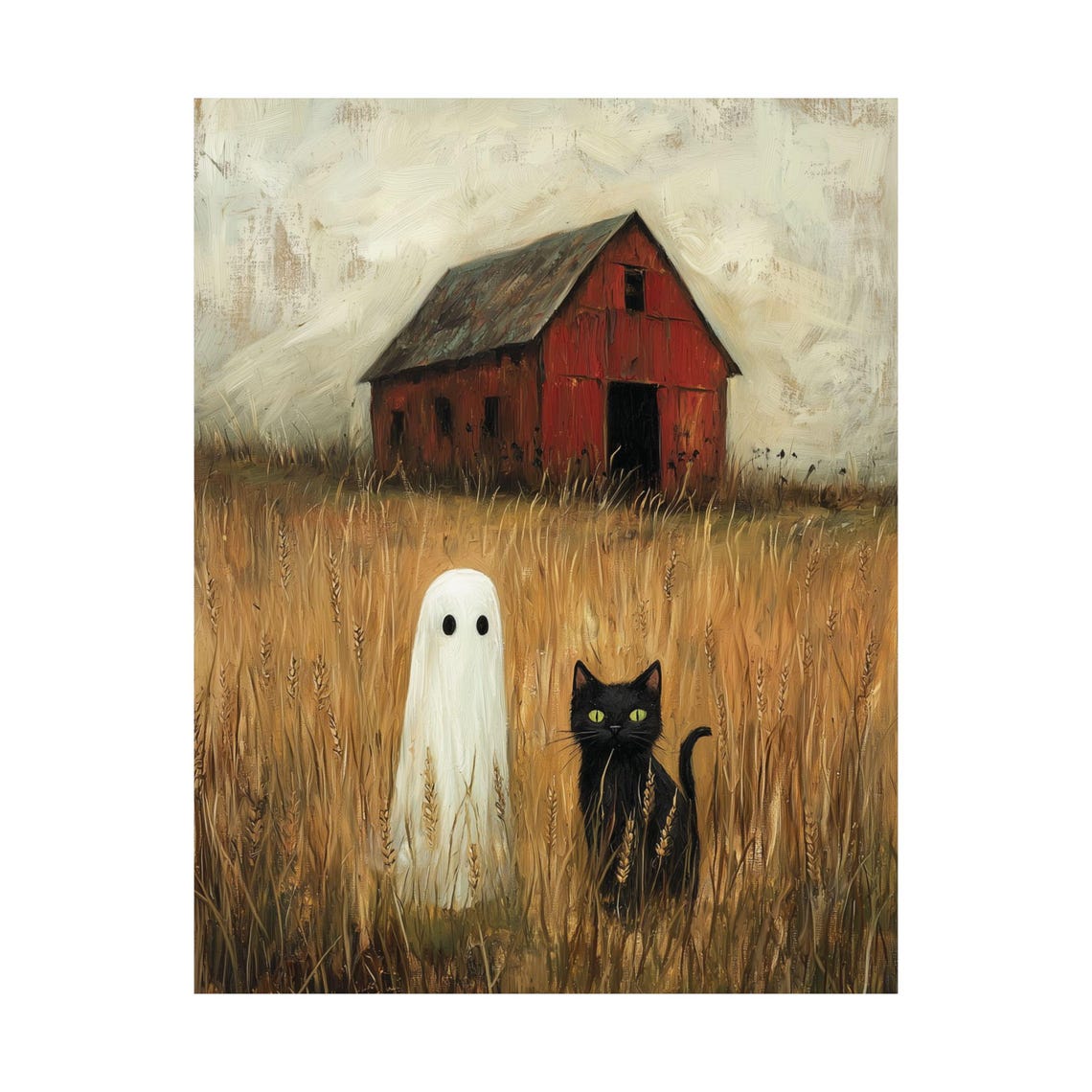Ghost And Black Cat In A Wheat Field By A Rustic Red Barn Poster - Image 2