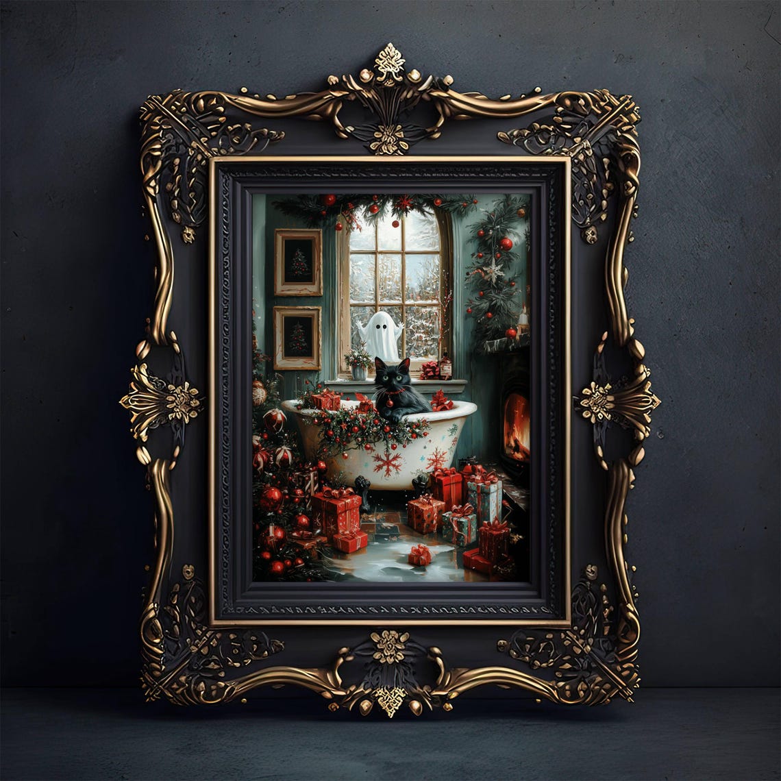 Black Cat in a Festive Bathtub With a Ghost Christmas Poster - Image 6