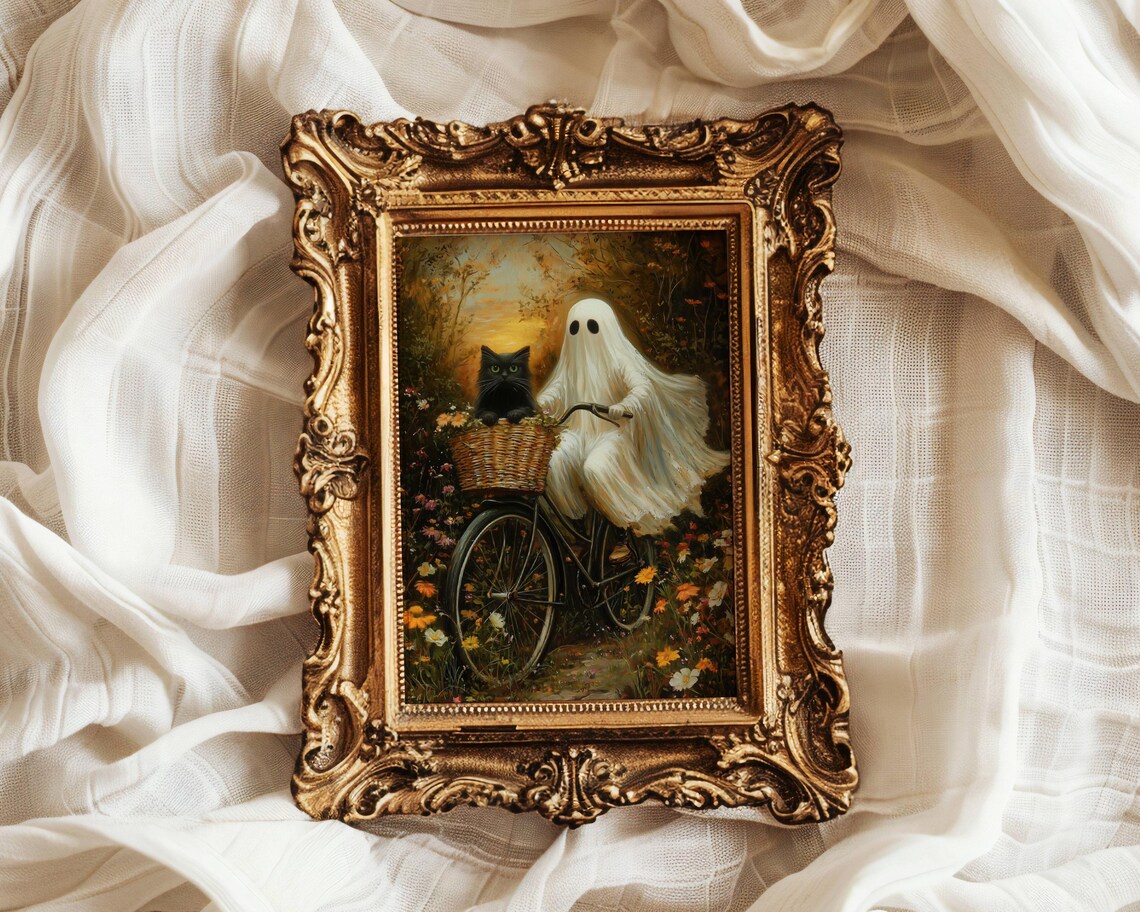 Ghost Riding a Bike With Cat, Whimsigoth Halloween Art Print - Image 5