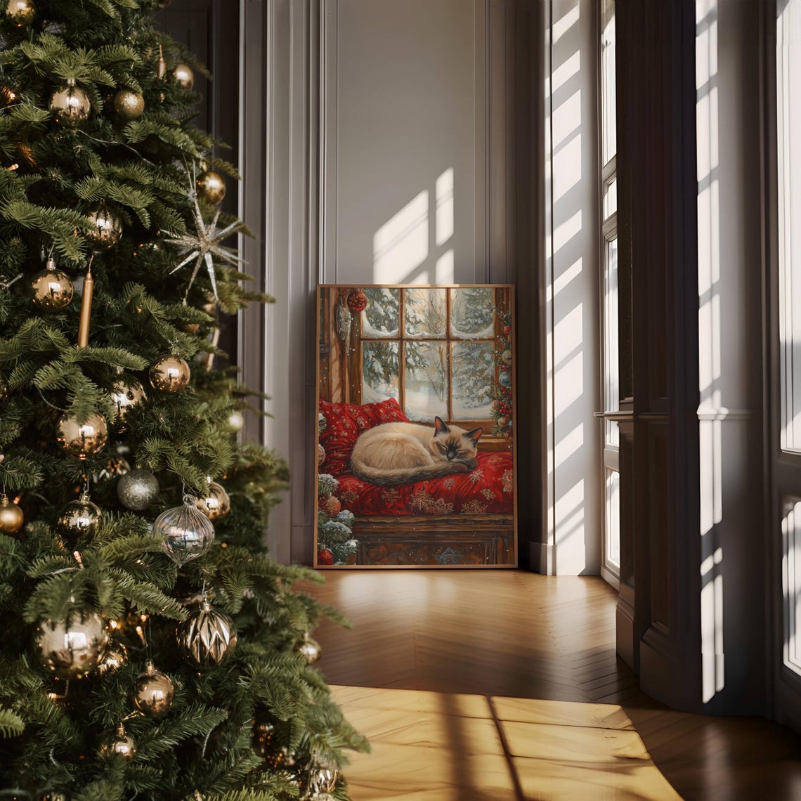 Siamese Cat Sleeping by a Snowy Christmas Window Cozy Holiday Poster - Image 3