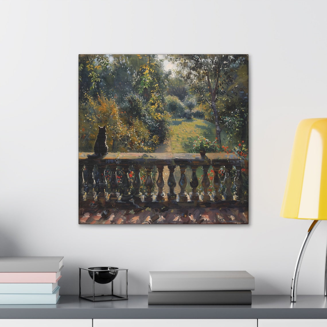 Black Cat Overlooking A Sunlit Garden From A Stone Balcony Poster - Image 3