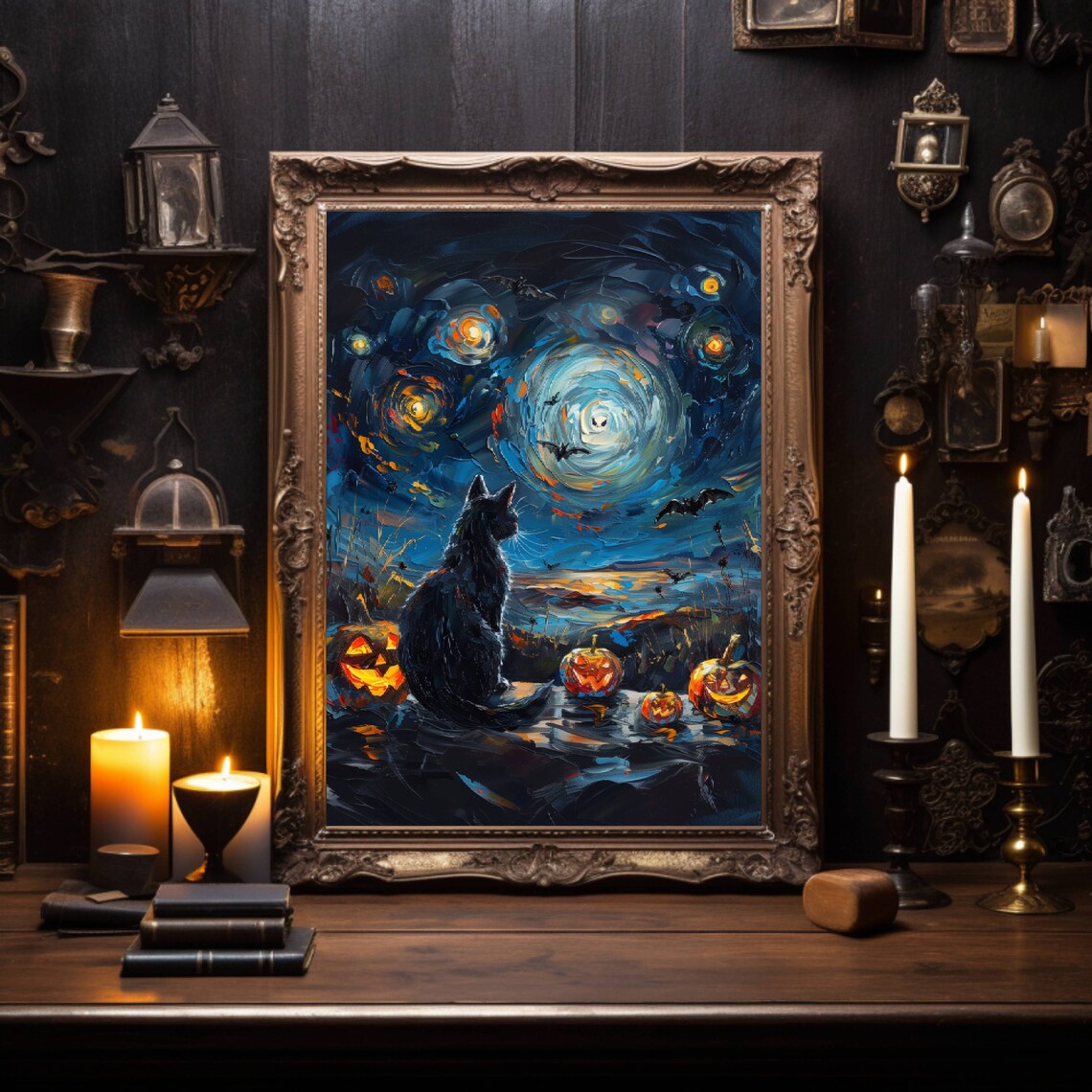 Spooky Night Halloween Black Cat Poster Print - Image 2