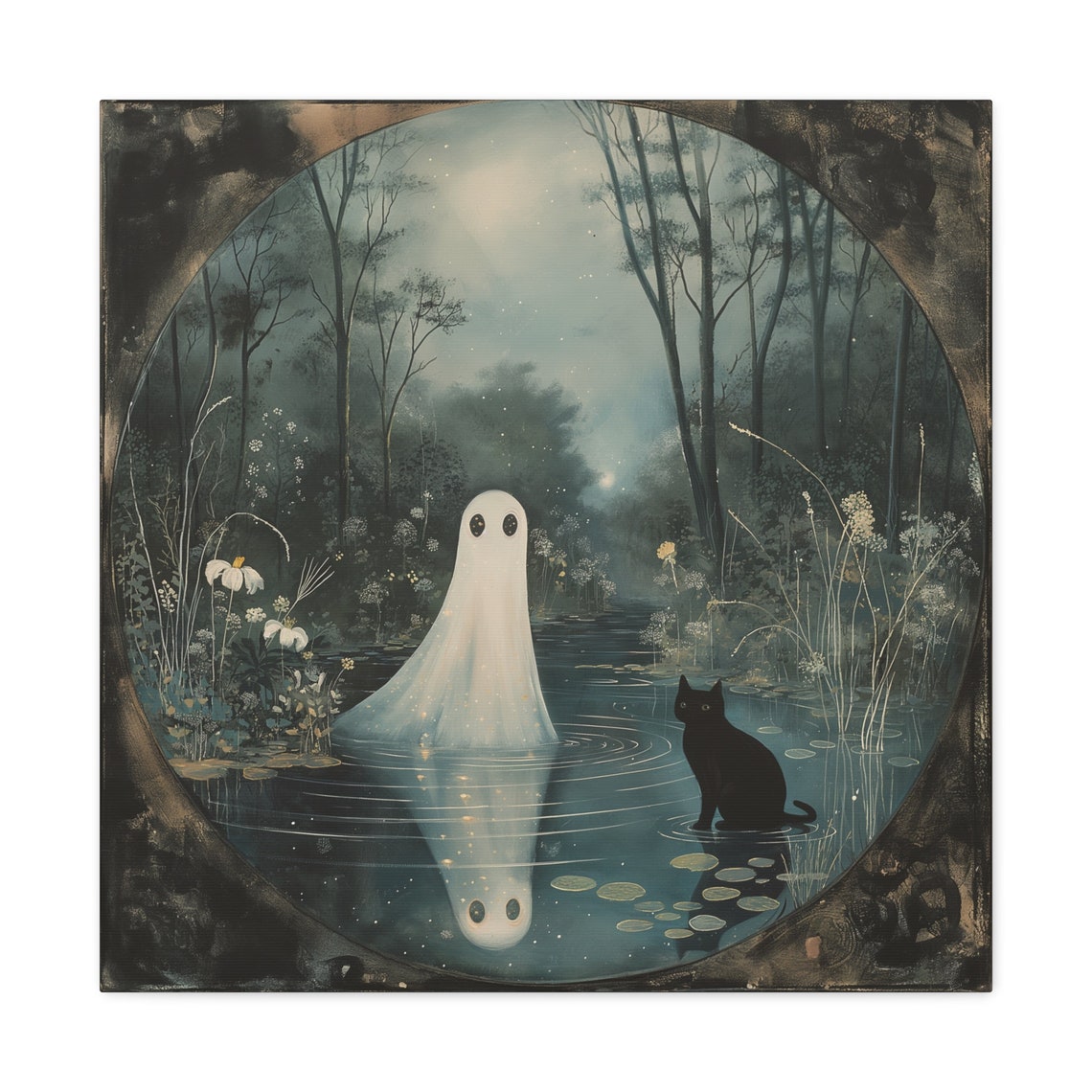 Ghost And Black Cat By A Moonlit Forest Pond Reflection Poster - Image 5