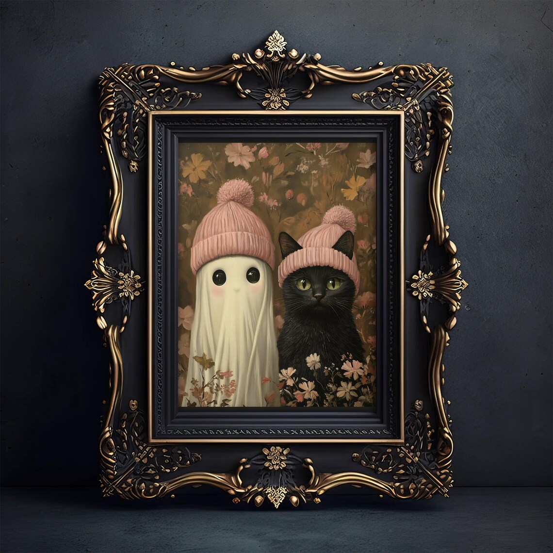 Ghost And Black Cat In Pink Winter Hats Cute Floral Art Poster - Image 7