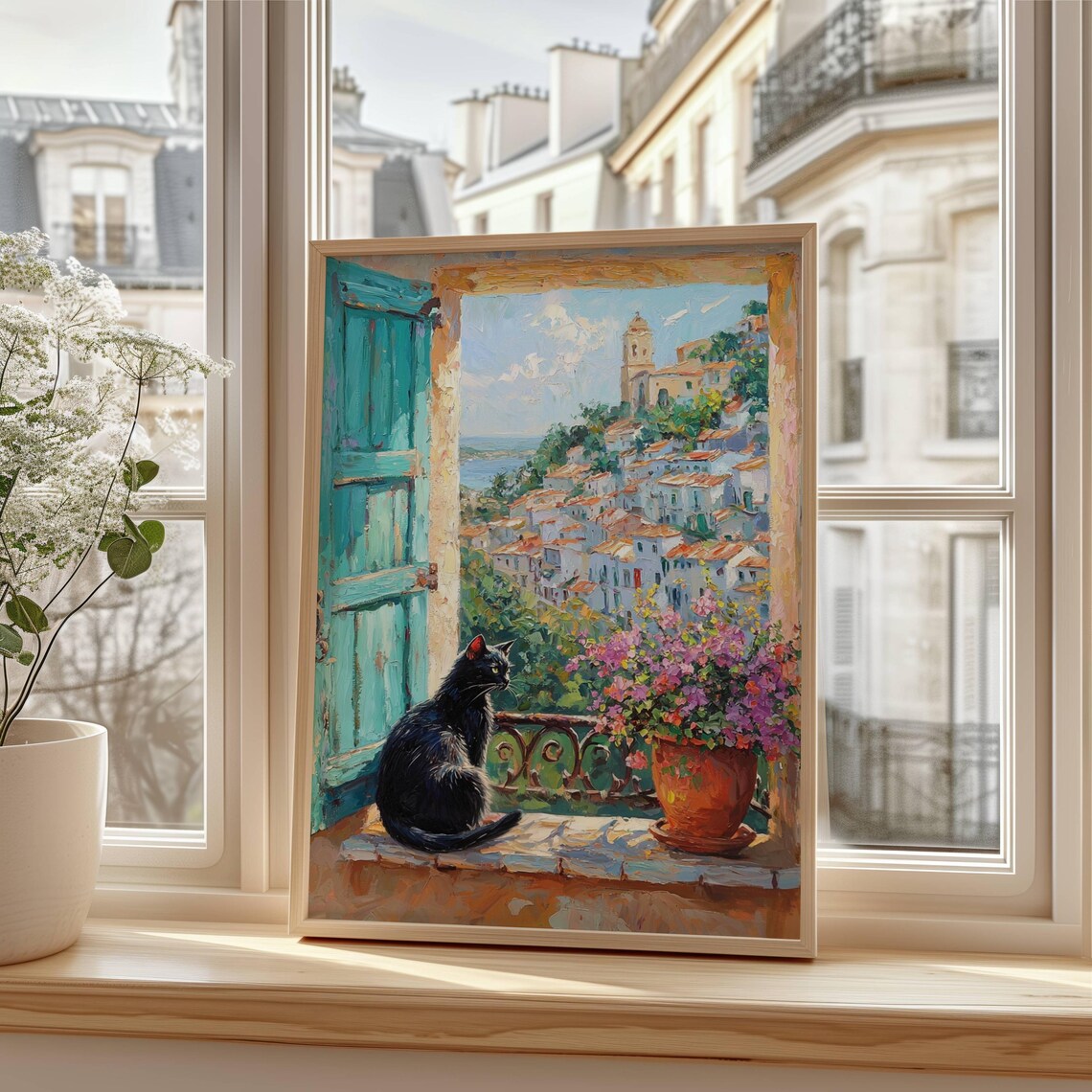 Black Cat on a Balcony Overlooking a Coastal Village Teal Window Poster - Image 2
