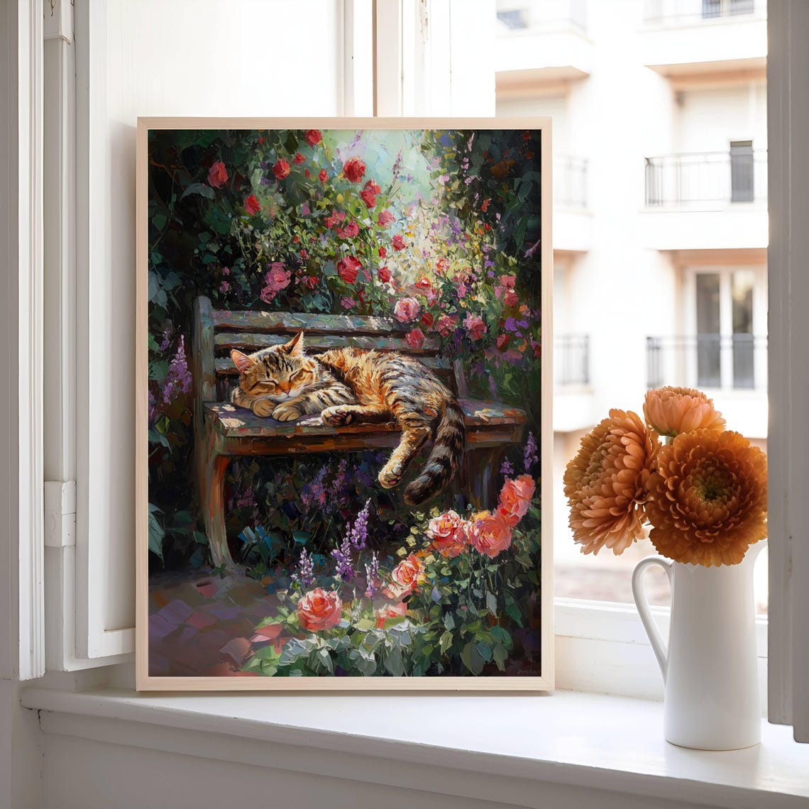 Sleeping Tabby Cat on a Garden Bench Among Roses and Lavender Poster