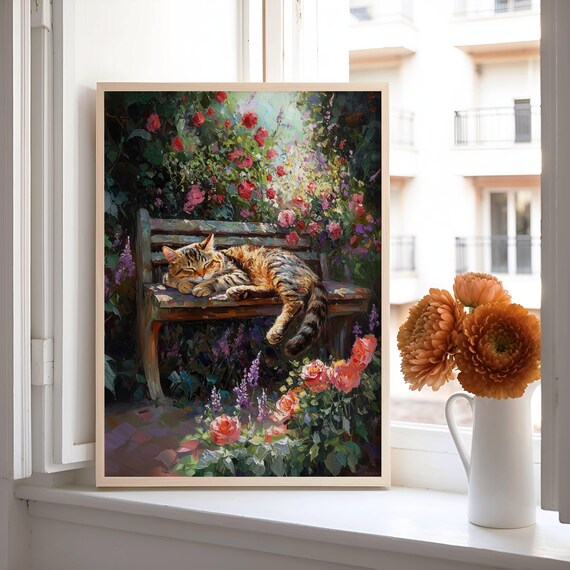 Sleeping Tabby Cat on a Garden Bench Among Roses and Lavender Poster