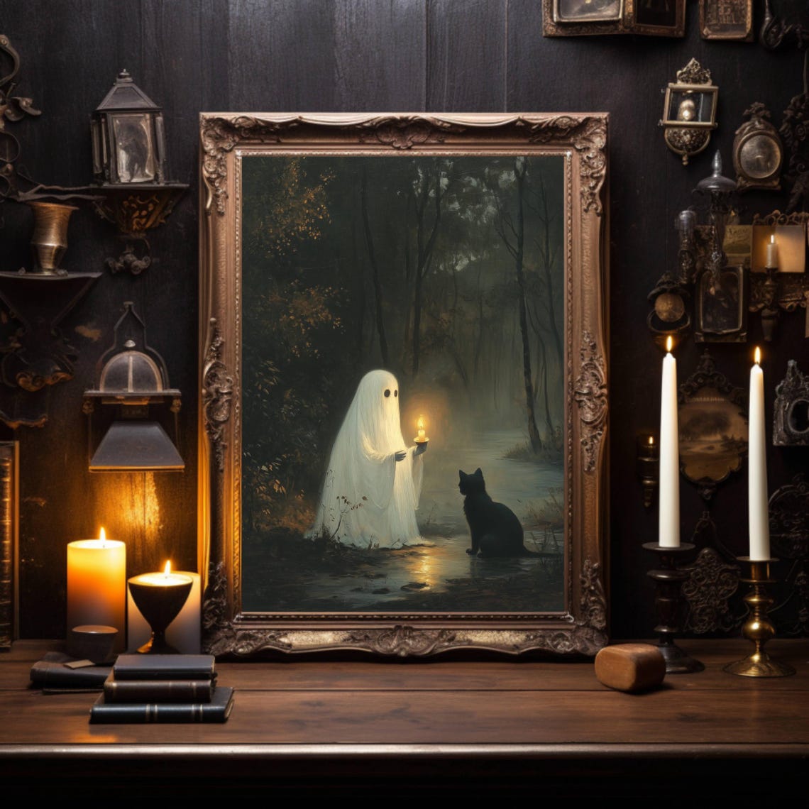Ghost Holding A Candle In A Dark Forest Beside A Black Cat Poster