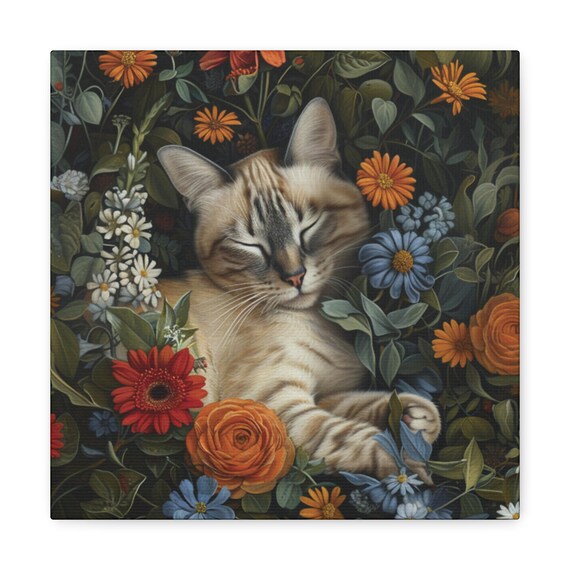 Lynx Point Siamese Cat Sleeping Among Lush Wildflowers Poster