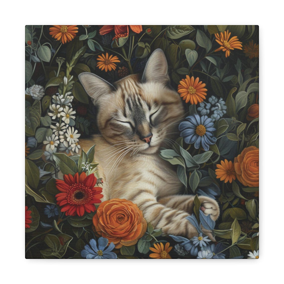 Lynx Point Siamese Cat Sleeping Among Lush Wildflowers Poster